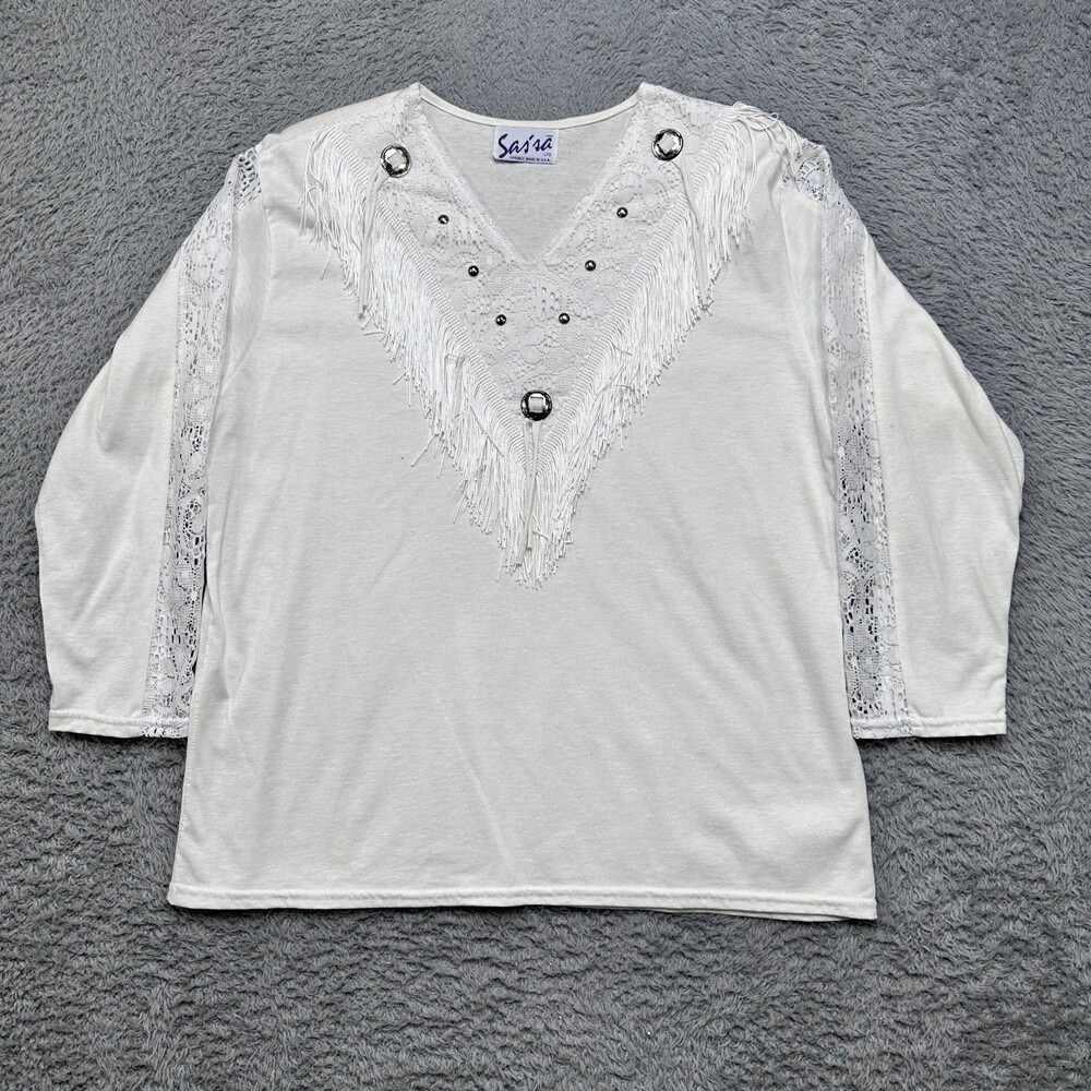 Vintage 90s Western Fringe Shirt Large White Lace Cowgirl Rodeo USA Made Beads